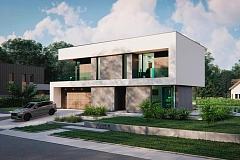 Современный двухэтажный дом с плоской кровлей и панорамным остеклением