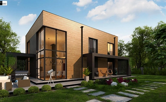 Проект современного двухэтажного дома с вторым светом и большой площадью остекления.