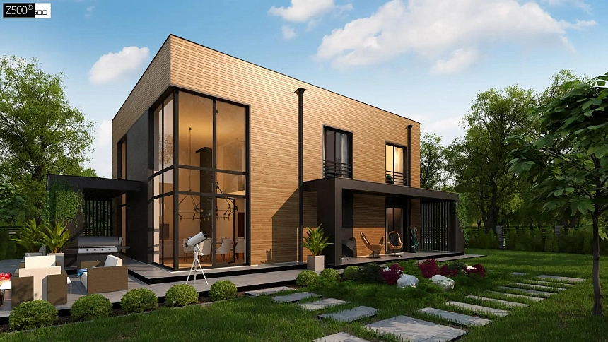 Проект современного двухэтажного дома с вторым светом и большой площадью остекления.