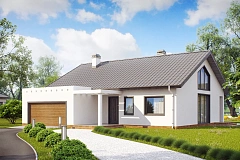 Дом традиционной формы с современными архитектурными дополнениями. Свободная планировка мансарды и антресоль над гостиной.