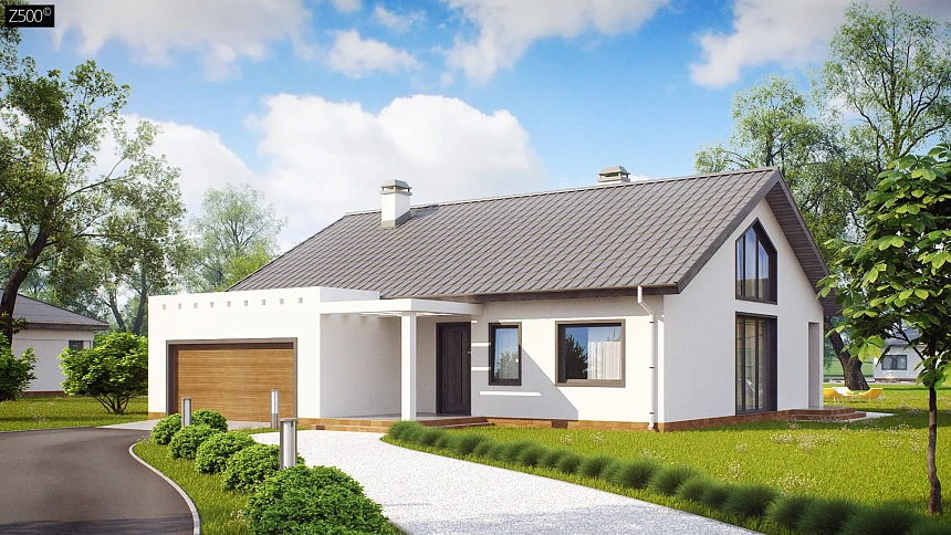 Дом традиционной формы с современными архитектурными дополнениями. Свободная планировка мансарды и антресоль над гостиной.