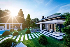 Дом с мансардой, гаражом на одну машину и четырехскатной кровлей