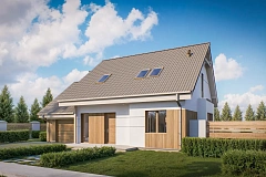 Проект практичного дома с эркером и гаражом на одну машину.