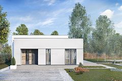 Одноэтажный дом с плоской кровлей и просторной террасой.