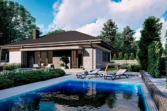 Компактный одноэтажный дом на фасаде с камнем и плитами.