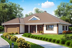 Одноэтажный дом с фронтальным гаражом для двух автомобилей.