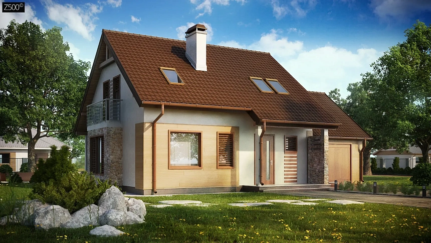 Версия проекта дома Z102 с гаражом, пристроенным справа.