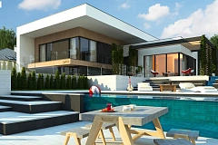 Проект современного двухэтажного дома с большой площадью остекления.