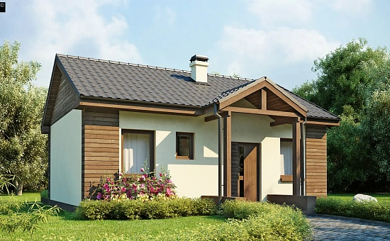 Маленький одноэтажный дом с двускатной кровлей, недорогой в строительстве и эксплуатации.