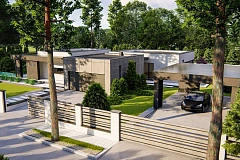 Современный одноэтажный дом с внешним камином