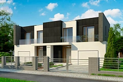 Современный двухсемейный дом с плоской кровлей и гаражом справа