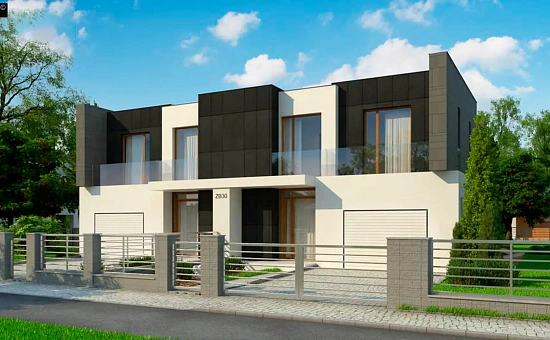 Современный двухсемейный дом с плоской кровлей и гаражом справа