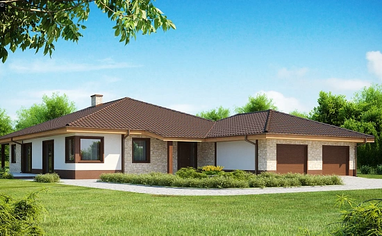 Комфортабельный одноэтажный дом для продольного участка с большим гаражом, с возможностью обустройства мансарды.