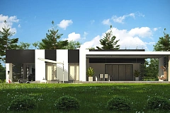 Проект современного одноэтажного дома с черно-белыми фасадами и открытым гаражом на 2 машины