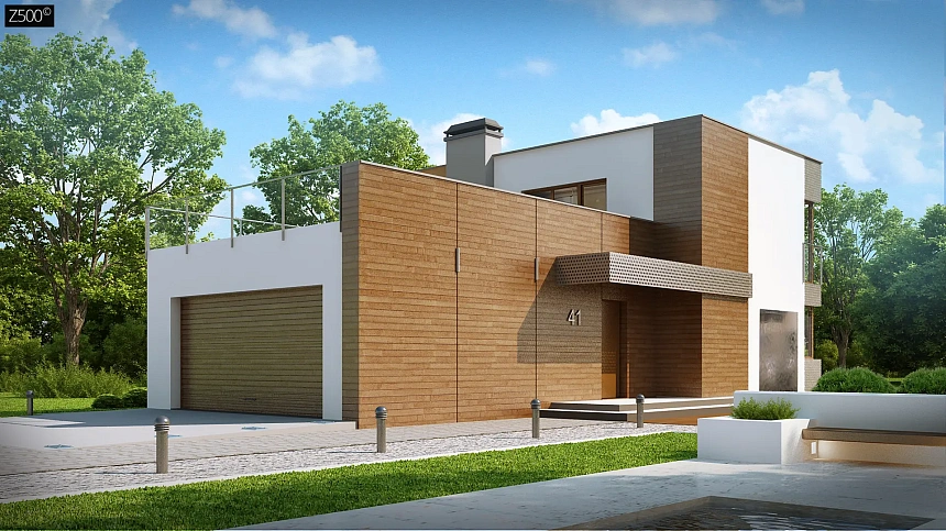 Практичный двухэтажный дом в стиле модерн с обширной террасой над гаражом.