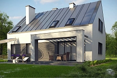 Проект мансардного с тремя спальнями и двускатной крышей