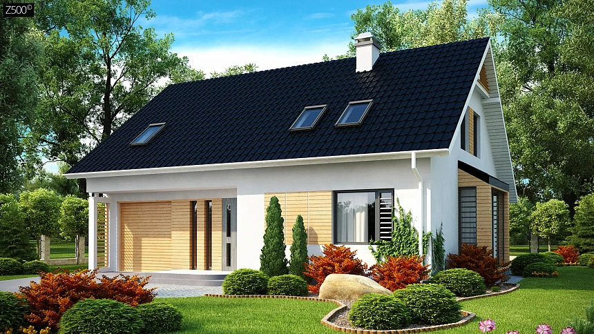 Проект функционального дома с эркером в столовой дополнительной спальней на первом этаже.