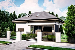 Дом с мансардой, гаражом на одну машину и четырехскатной кровлей