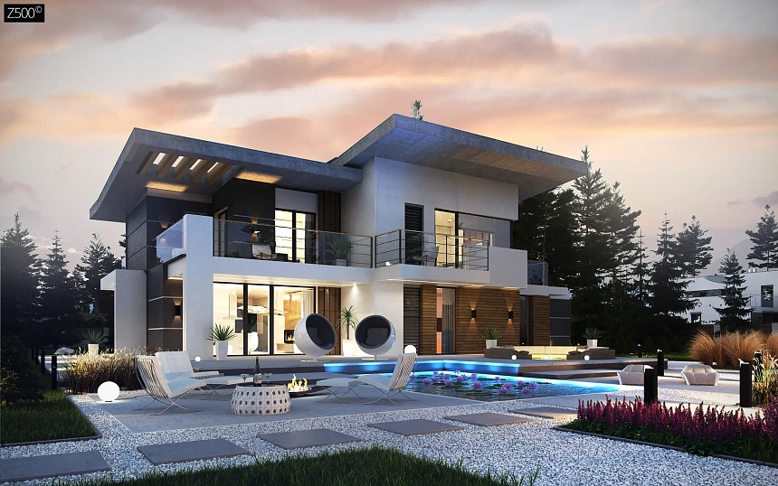 Современный двухэтажный дом с гаражом и террасой, спальней на первом этаже и ванной комнатой