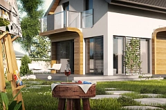 Практичный и уютный дом с оригинальным оформлением фасадов, идеальный для неглубокого участка.