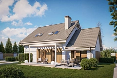 Проект практичного дома с эркером и гаражом на одну машину.