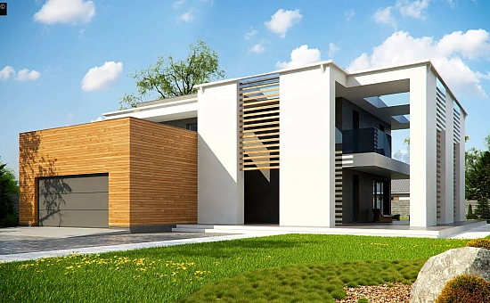 Современный двухэтажный дом с большим остеклением и гаражом на две машины