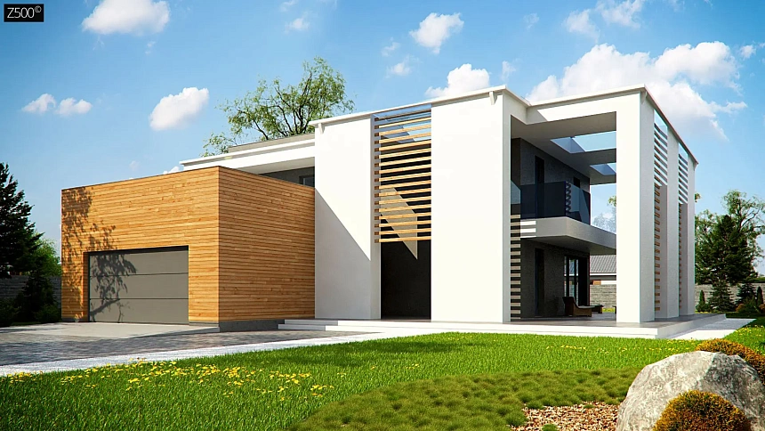 Современный двухэтажный дом с большим остеклением и гаражом на две машины