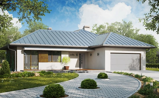 Проект удобного одноэтажного дома с большой угловой террасой