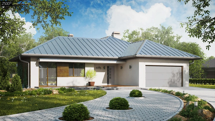 Проект удобного одноэтажного дома с большой угловой террасой