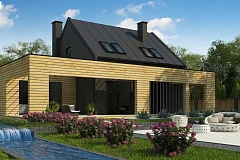 Современный дом с 2-х скатной кровлей, окруженный террасой с плоской крышей.