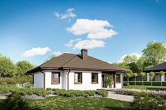 Компактный и удобный одноэтажный дом с многоскатной крышей.