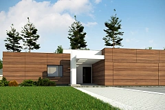 Одноэтажный дом с плоской кровлей, тремя спальнями и гаражом на две машины