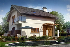 Проект дома с мансардой, с высокой аттиковой стеной, с дополнительной комнатой на первом этаже.