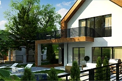 Современный дом с двускатной крышей и гаражом для одного авто