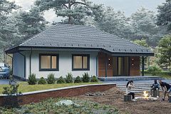 Одноэтажный дом с вальмовой крышей.