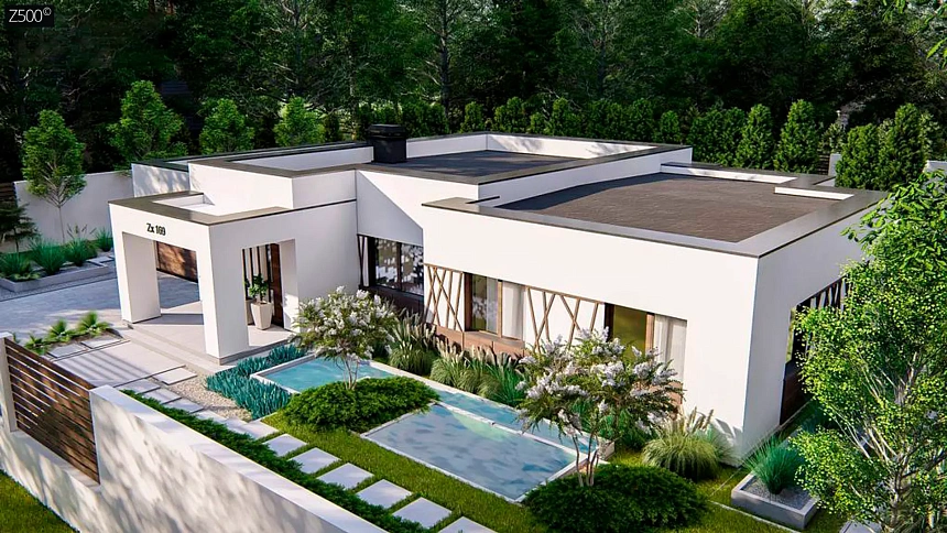 Современный и элегантный одноэтажный дом с плоской крышей