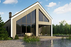 Мансардный дом простой формы с современным оригинальным экстерьером.