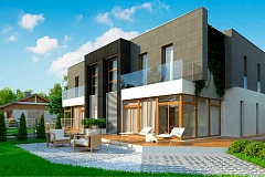 Современный двухсемейный дом с плоской кровлей и гаражом справа