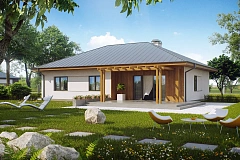 Практичный одноэтажный дом традиционной формы с многоскатной крышей.