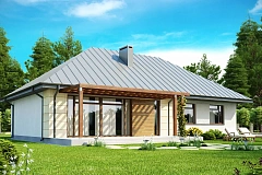 Одноэтажный дом с возможностью обустройства чердачного помещения, оптимальный для южного въезда на участок.