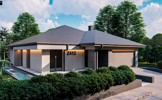 Современный одноэтажный проект дома с многоскатной крышей и гаражом на две машины