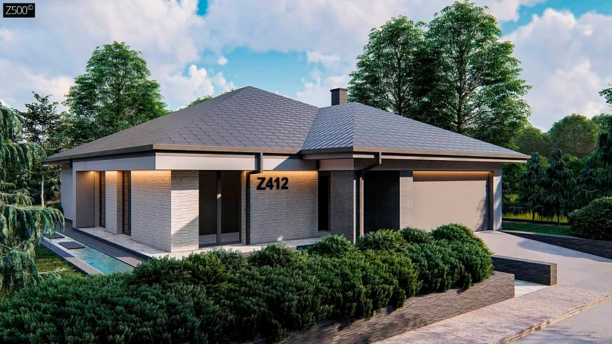 Современный одноэтажный проект дома с многоскатной крышей и гаражом на две машины