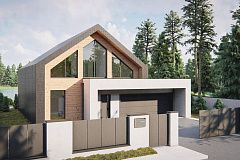 Дом с мансардой, двускатной крышей и большим остеклением.