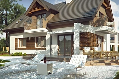 Проект функционального уютного дома с мансардными окнами и оригинальной отделкой&nbsp;&nbsp;фасадов.