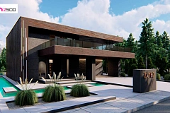 Современный двухэтажный дом с плоской кровлей и навесом для автомобиля