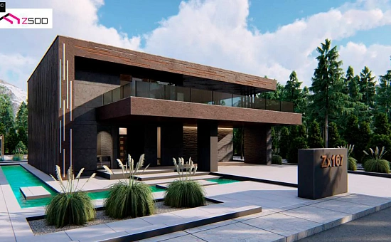 Современный двухэтажный дом с плоской кровлей и навесом для автомобиля