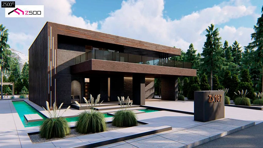 Современный двухэтажный дом с плоской кровлей и навесом для автомобиля