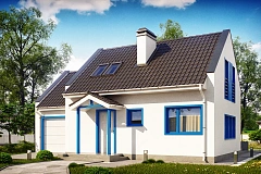 Компактный дом с гаражом для одной машины, с большими окнами в гостиной.