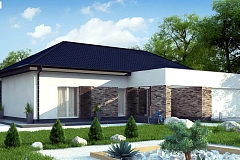 Одноэтажный дом с четырехскатной кровлей с открытой гостиной