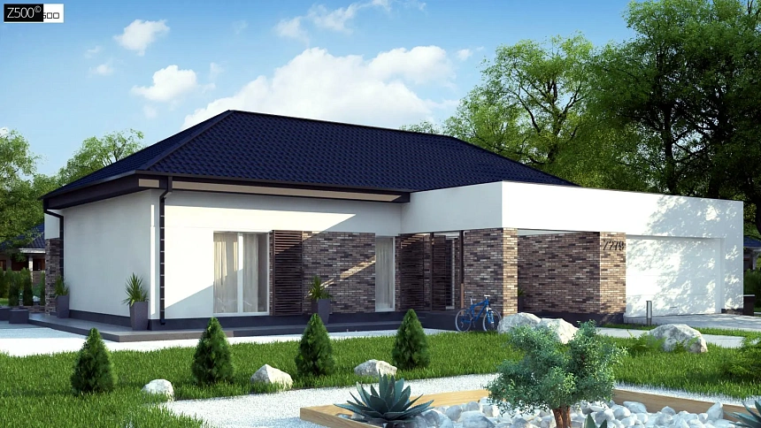 Одноэтажный дом с четырехскатной кровлей с открытой гостиной